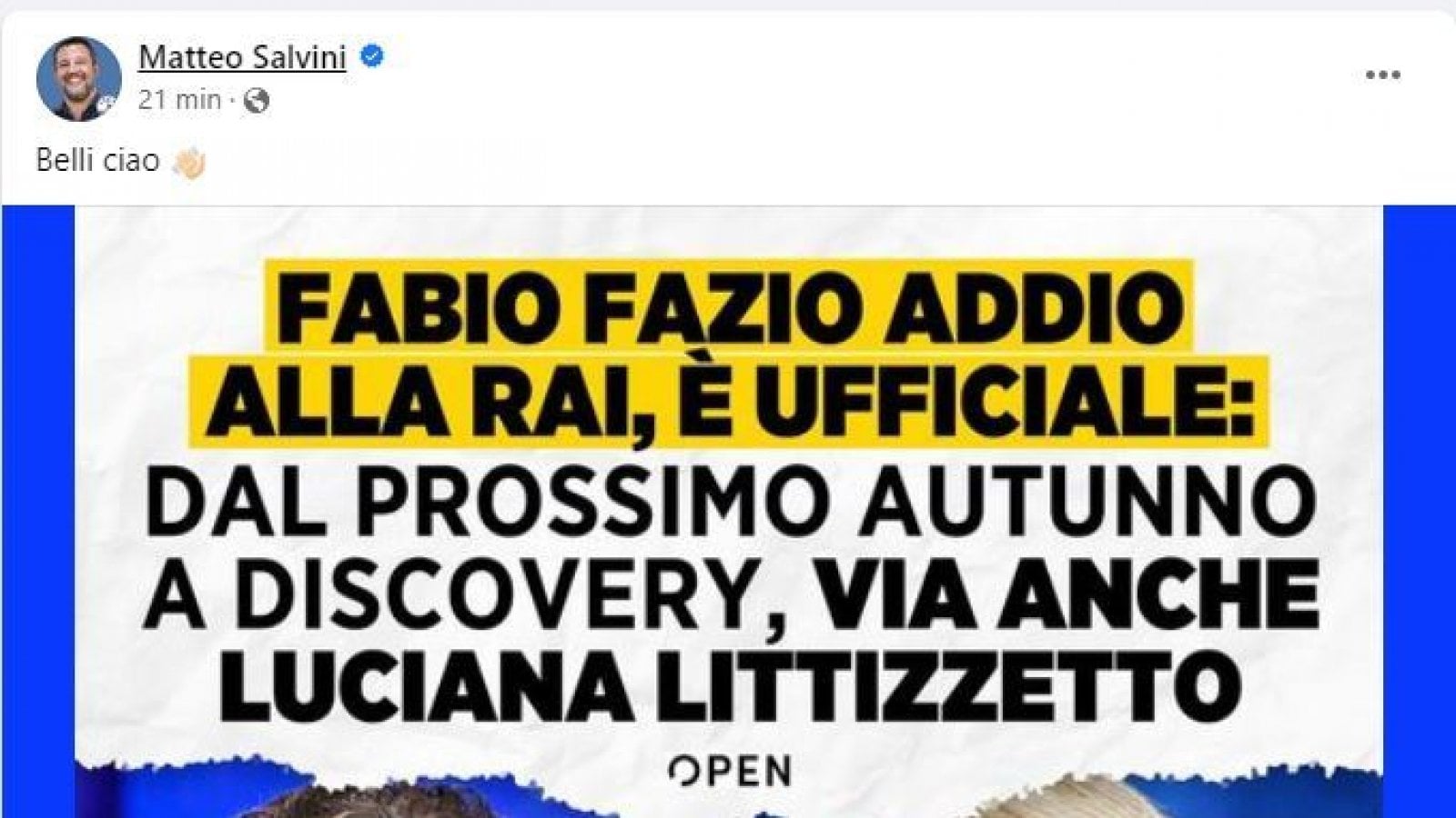 "Belli ciao". Il post di Salvini contro Fazio e Littizzetto. Anche