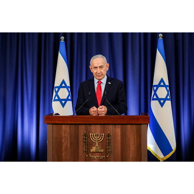Il primo ministro israeliano Benjamin Netanyahu durante una conferenza stampa a Gerusalemme, 19 marzo 2026 (Foto: Ronen Zvulun/POOL/AFP via Getty Images).