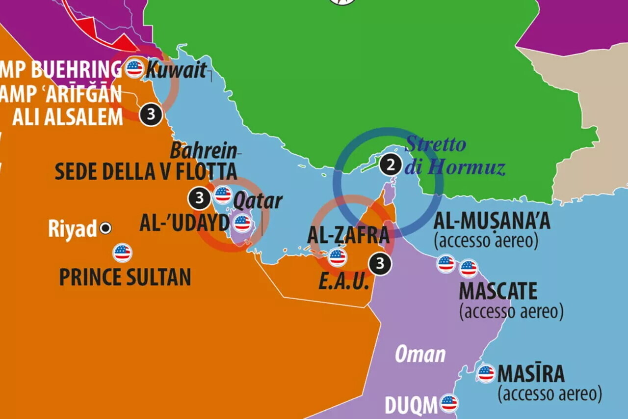 Per consultare la mappa "Schieramento militare Usa in Medio Oriente" <u><a href=https://www.limesonline.com/carte/carta-inedita-della-settimana/schieramento-militare-usa-in-medio-oriente-21395990/>clicca qui</a></u>