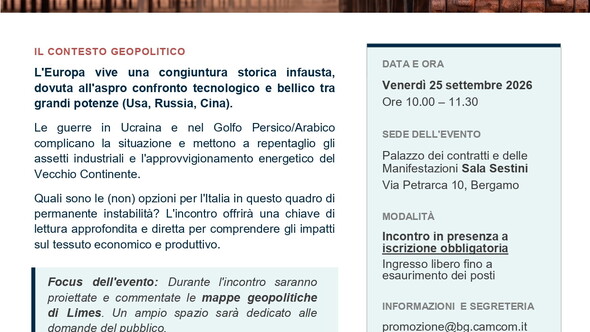 Bergamo, 25 settembre: Guerre e crisi energetiche in Europa