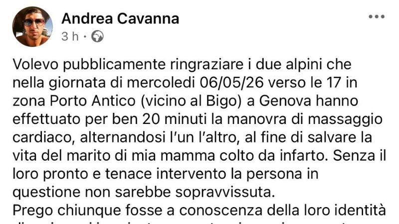Genova, due alpini salvano la vita a un uomo colto da infarto. “Mio marito vivo grazie a due angeli”