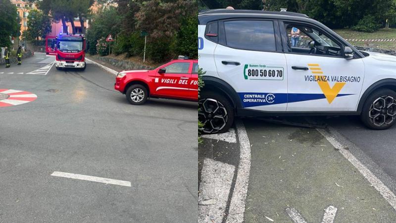 Tombino salta in aria in Pineta ad Arenzano mentre passa un’auto, vigili del fuoco sul posto