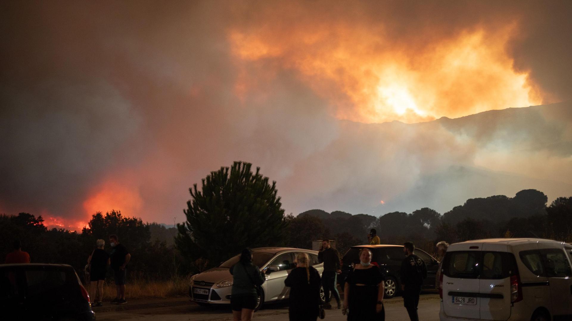 Vista aerea di un vasto incendio boschivo che si estende su una collina