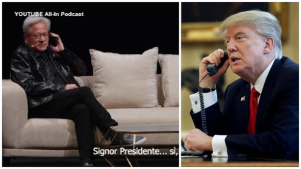 Telefonata di Trump sul palco al ceo di Nvidia: "L'allarme AI è una bufala, fa il gioco della Cina"